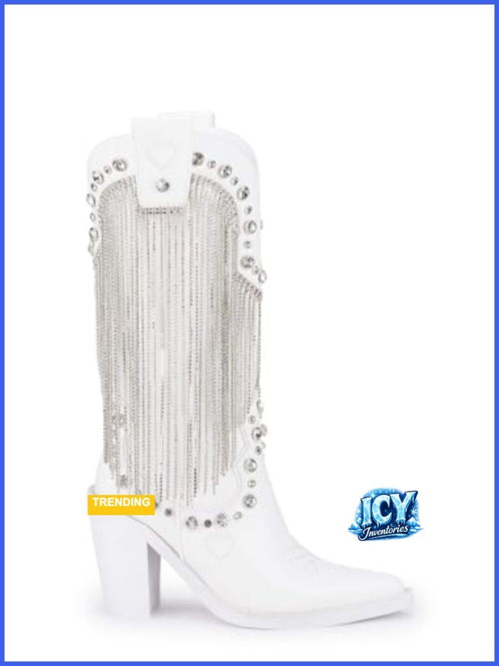 Vegan Leather Cowboy Boots with Rhinestone Fringe and Jewel Studs, Side Zipper,